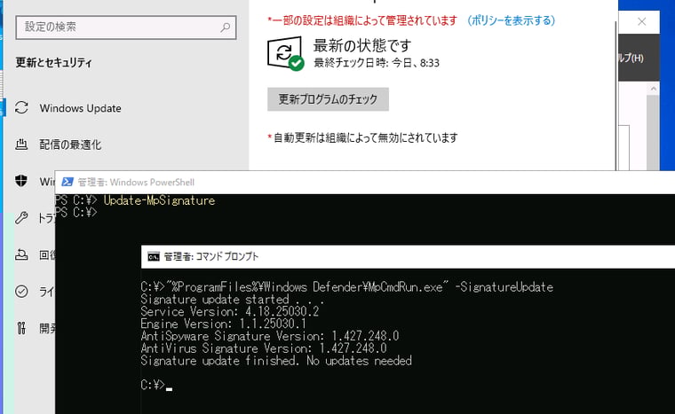 画面3　コマンドラインからMicrosoft Defenderウイルス対策のセキュリティインテリジェンスの更新を実行（この例では更新なし）