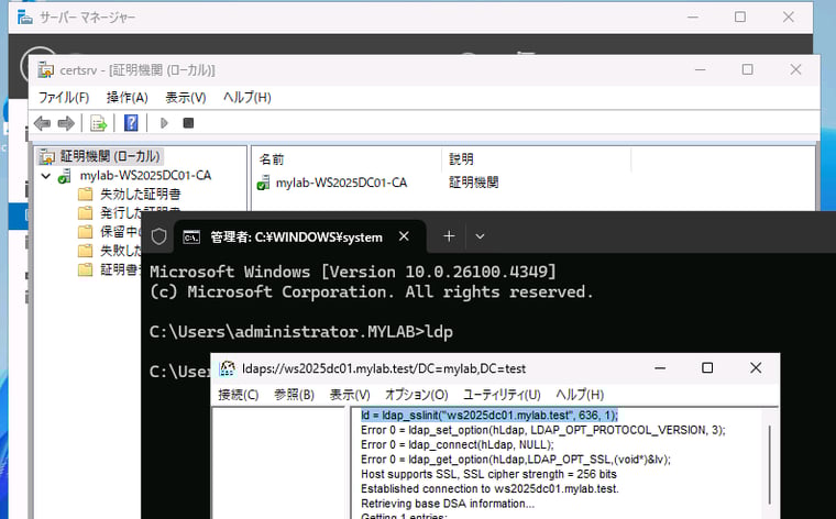 画面4　Active Directoryドメインにエンタープライズ（CA）を導入すると、LDAPSが利用可能になる。LDAP/LDAPSへの接続の確認には、Active Directoryドメインサービスとともにインストールされる「Ldp.exe」を使用できる
