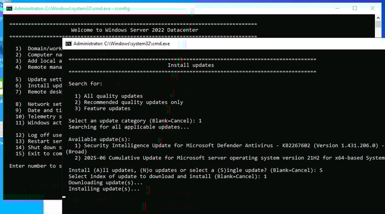 画面1　Windows ServerのSconfigを使用すると、更新プログラムを個別に選択してインストールできる。Windows Server 2022以降は従来のWSHベースからPowerShellベースに変更された