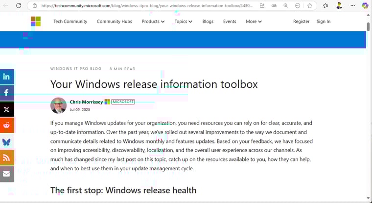 画面1　Windows IT Pro Blogにポストされた“あなたのWindowsリリース情報ツールボックス（Your Windows release information toolbox）”