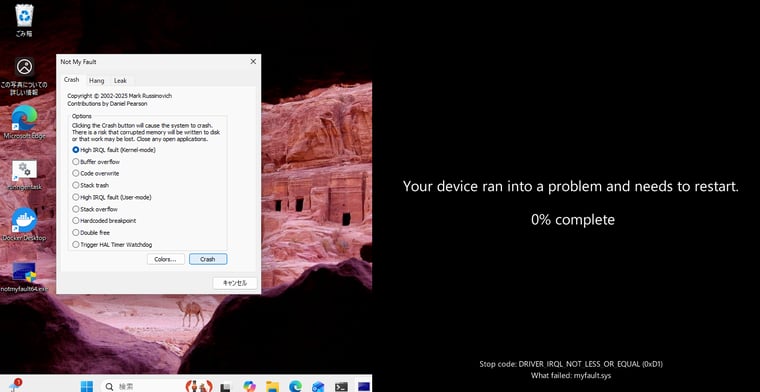 画面2 NotMyFaultはWindowsのクラッシュやメモリリークを意図的に発生させるツール