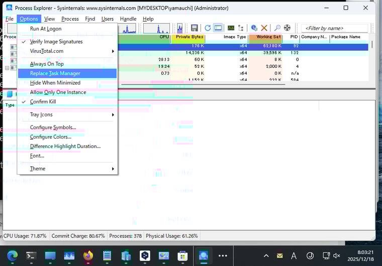 画面3 Process Explorerは高機能版タスクマネージャー。タスクマネージャーとの置き換えも可能