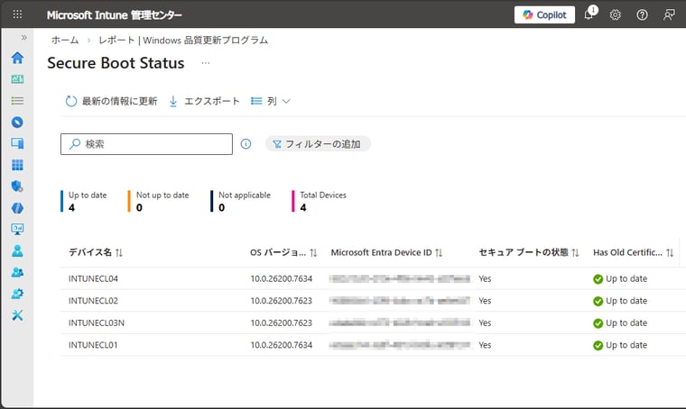 画面2　すべてのデバイスで「Up to date」であれば問題なし。「Not up to date」のデバイスについては、更新を受け取るために早急に対応が必要