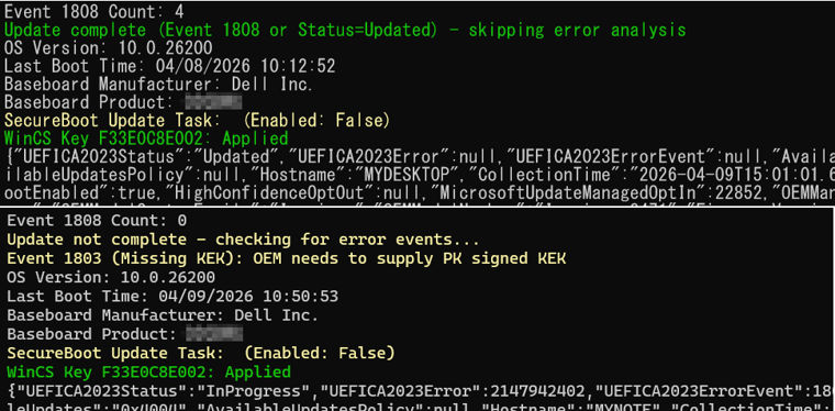 画面6　 「​​​​​​​Sample Secure Boot Inventory Data Collection script 」の実行結果。上は問題なく更新完了、下はファームウェアの問題で保留中（このPCは今後もファームウェア更新が提供される見込みのない古いデバイスであるため、更新されることはないだろう）