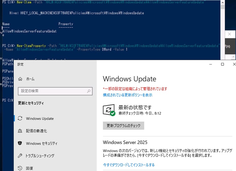 画面1　Windows Server 2019または2022のデスクトップエクスペリエンスにレジストリ値「AllowWindowsServerFeatureUpdate」を作成して機能をオプトインすると、Windows Updateに「Windows Server 2025」オファーが表示される