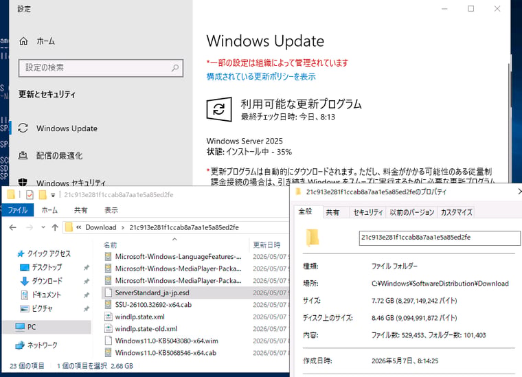 画面3　Standardエディション（デスクトップエクスペリエンスのインストールイメージは3GB近く。インストール中、ダウンロードフォルダーには8GB以上のファイルが展開された
