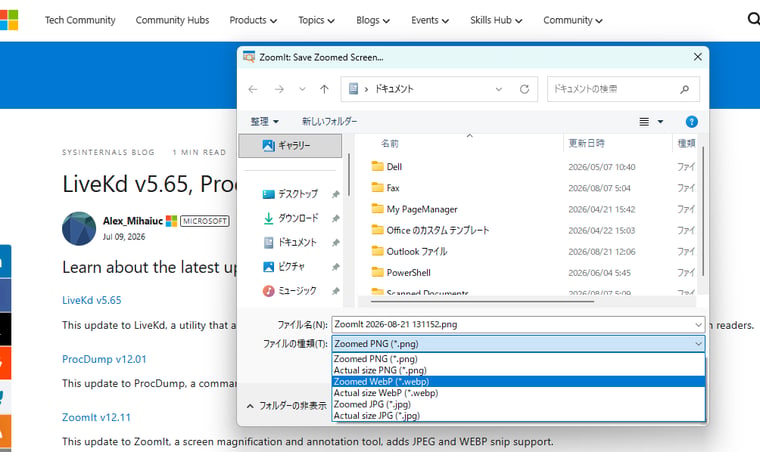 画面1 Snip(Ctl+Shift+6)とPanorama(Ctrl+Shift+8)のファイル保存形式として、JPEGとWEBP形式がサポートされた