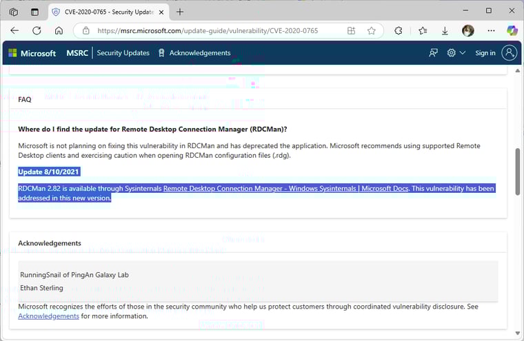 画面2　古いRDCManの脆弱性（CVE-2020-0765）。脆弱性を解消したバージョンはSysinternalsで提供。Sysinternalsかれ提供されている件については、日本語のページには反映されいないので注意