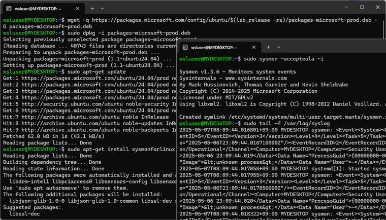 画面3　UbuntuへのSysmon for Linuxのインストールと使用。インストール後の使用方法はWindows版Sysmonと同様