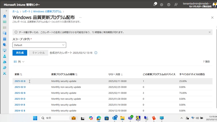 画面6　日本時間3月12日（3月の品質更新プログラムが利用可能になった日）時点では、先行更新リングに含まれる1デバイス（25％）へのデプロイが開始
