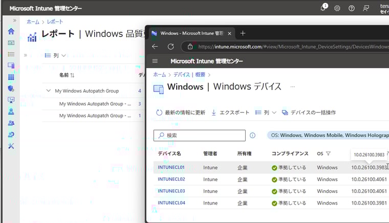画面11　5月21日時点の各デバイスのOSビルド。TestグループのINTUNECL01は2025.05 OOBホットパッチのOSビルド（26100.3983）、LastグループのINTUNECL01は2025.05 BホットパッチのOSビルド（26100.3981）、Lastグループの残りの2台は通常の2025.05 BのOSビルド（26100.4061）