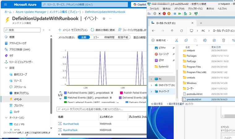  画面9　Azure Update Managerのメンテナンス前後に、事前イベント/事後イベントのRunbookが実行されている