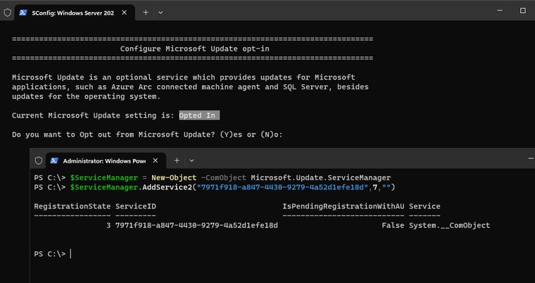画面3　Sconfigユーティリティ（Windows Server 2025のみ）またはPowerShellでMicrosoft Updateにオプトインする