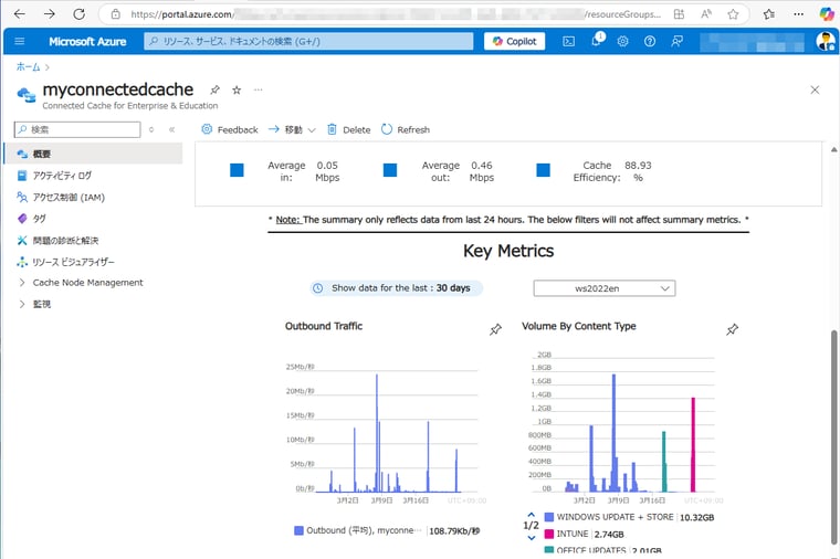 画面1　Microsoft Connected Cache for E/EのAzure側のリソース。このポータルでキャッシュの利用状況を確認できる