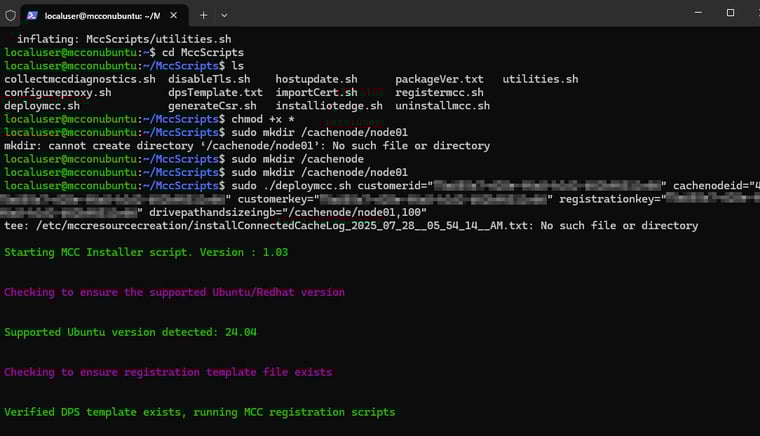 画面8　展開先の「MccScripts」ディレクトリに移動し、スクリプト（*.sh）に実行モードを設定する。また、キャッシュドライブのディレクトリを作成し、展開コマンドを実行する
