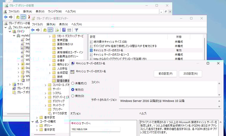 画面2　グループポリシーやローカルコンピューターポリシーを編集して、キャッシュサーバーのIPアドレスまたはFQDNを指定する