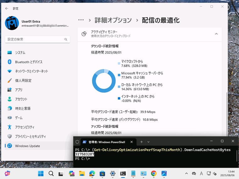 画面2　配信の最適化のアクティビティモニターでその月のダウンロード統計を確認する。オンプレミスのキャッシュサーバーの使用は「Microsoftキャッシュサーバーから」に含まれる