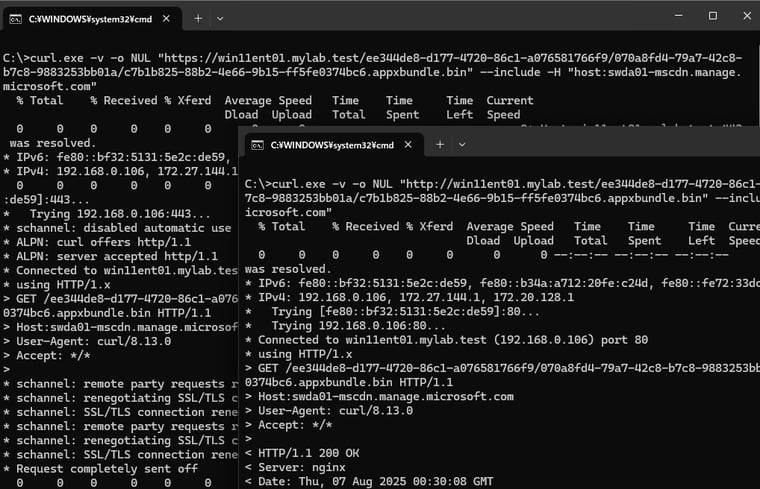 画面5　curl.exeを使用して、HTTPSおよびHTTPの両方のプロトコルでMicrosoft CDN（swda01-mscdn.manage.microsoft.com からのダウンロードをテストする