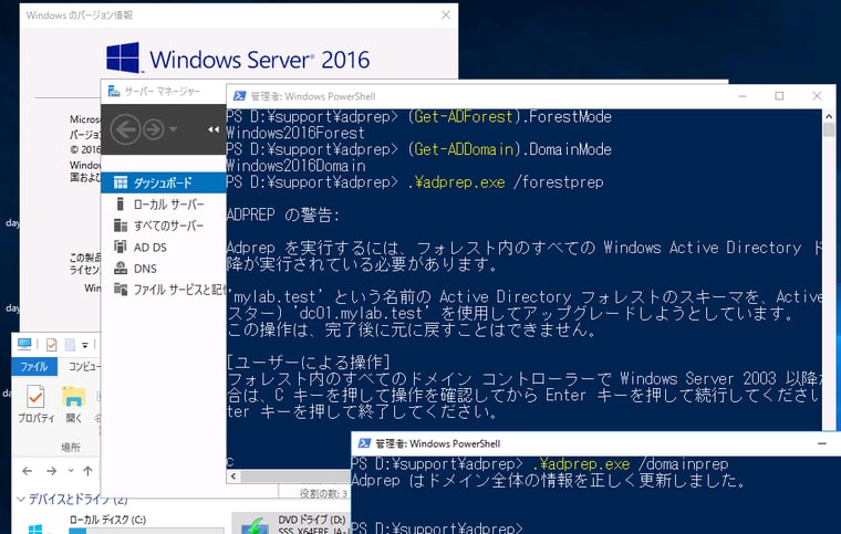 画面1　現在のフォレスト/ドメイン機能レベルを確認し、「Windows Server 2016」（Windows2016Forest/Windows2016Domain）であることを確認したら「adprep.exe /forestprep」をフォレストで1回、「adprep.exe /domainprep」をドメインごとに1回実行する