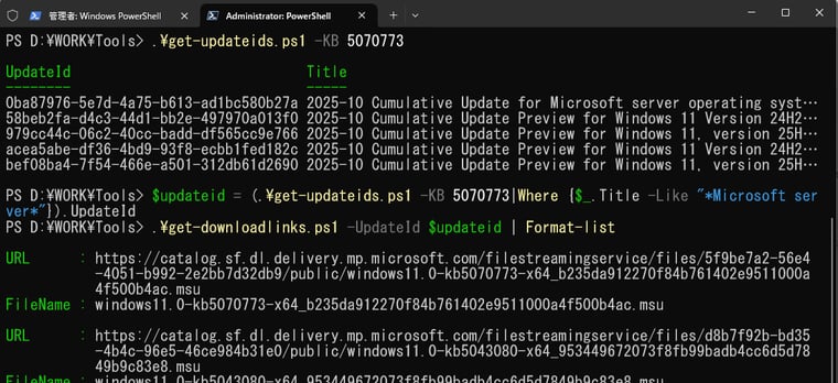 画面4 特定の更新プログラムのUpdateIdを検索し、そのUpdateIdを持つ更新プログラムのダウンロードリンクを取得する