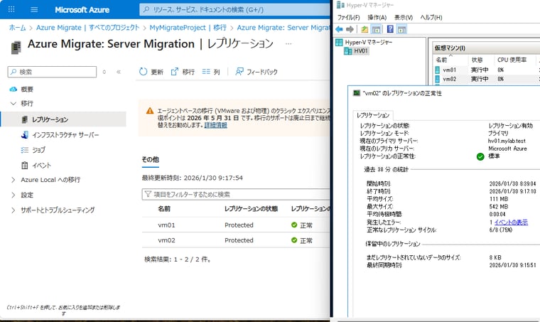 画面8　レプリケーションの状態を確認する。初期レプリケーションが完了し、レプリケーションの状態が「正常」であれば、いつでも次の移行ステップに進むことができます。