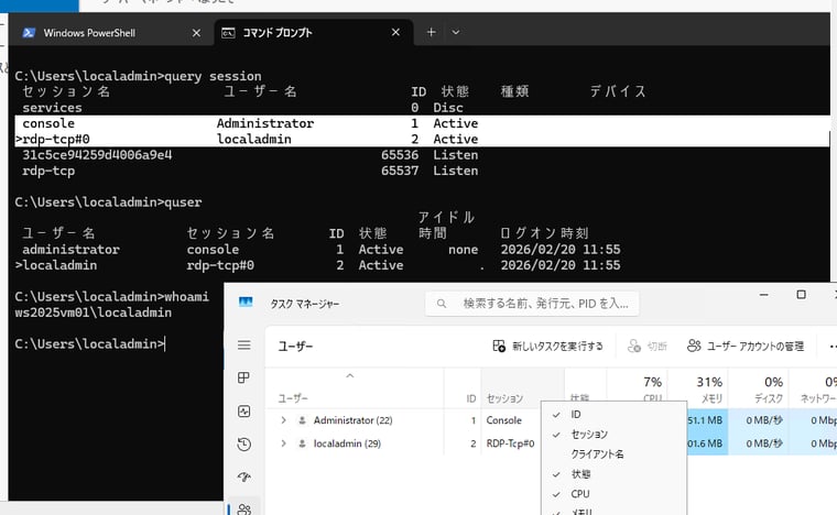 画面3 Administratorがコンソール(console)のセッション1に、localadminがリモートデスクトップ(RDP)接続でセッション2にログオン中。自分のセッションは行頭の>で判断できる