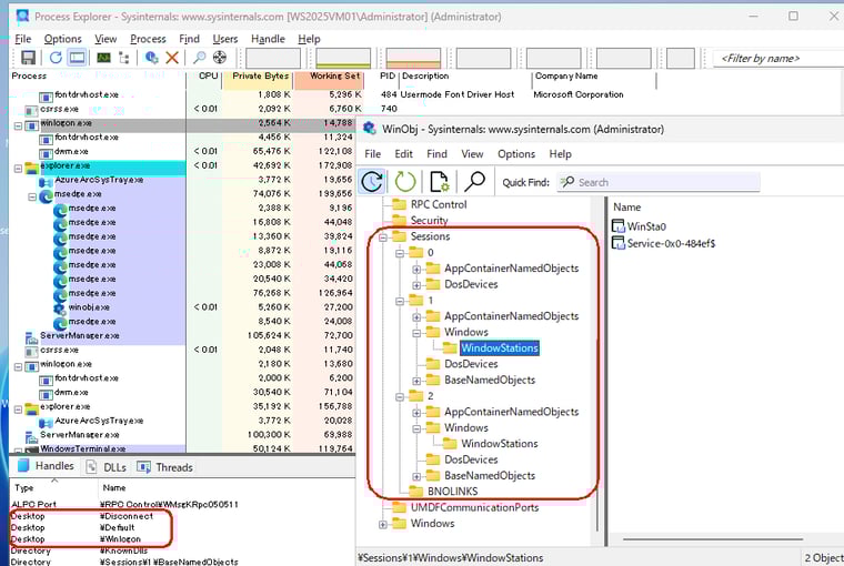 画面4 Windows SysinternalsのProcexpとWinObjを使用すると、アクティブなセッション、ウィンドウステーション、デスクトップオブジェクトを確認できる