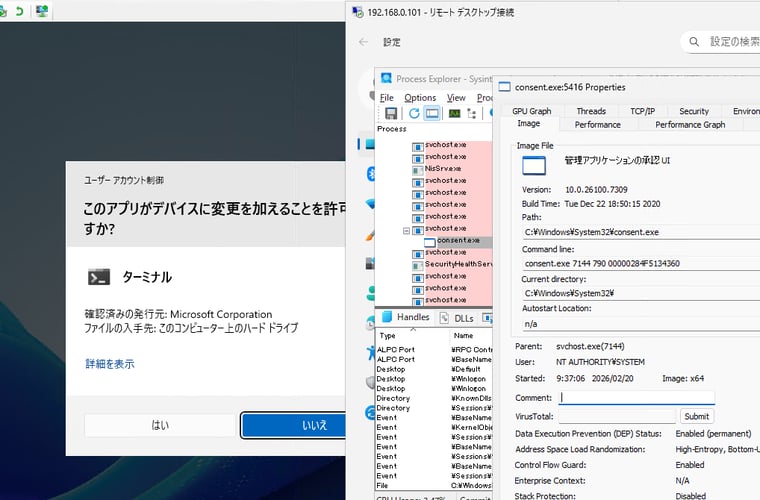 画面5 UAC昇格ダイアログボックス(が2つ目のWinlogonデスクトップでシステム権限で実行されている様子。この動作を参照するには、Procexpをシステム権限で実行する必要がある(psexec -i -s procexp.exeを利用)