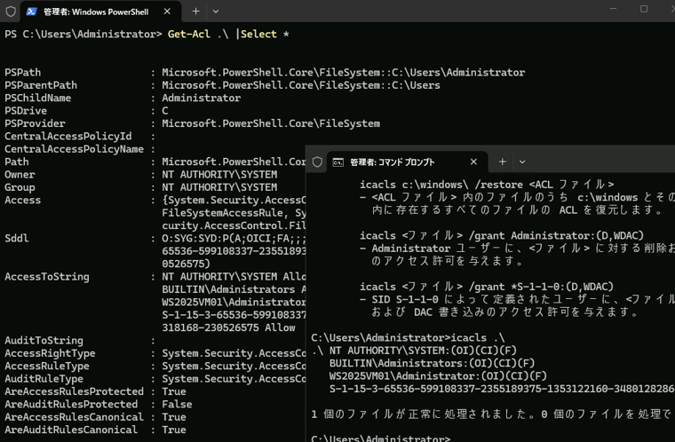 画面6 Get-ACLの出力にあるSDDLにはSIDが確認できる。icaclsコマンドを使用するとSIDによる権限の付与も可能