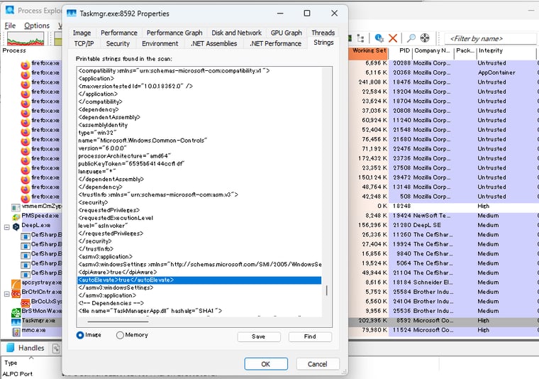 画面6　タスクマネージャー（Taskmgr.exe）はAutoElevate属性による自動昇格で、フルトークン（整合性（Integrity）レベル「High」）で起動する