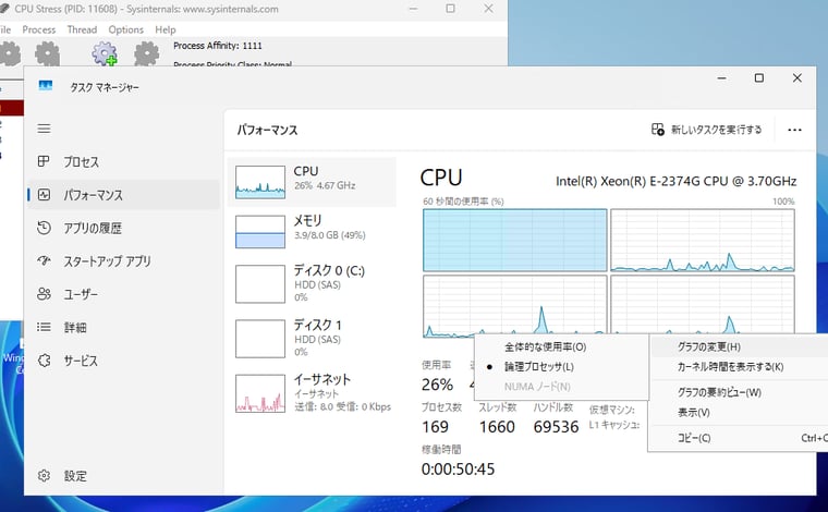  画面3　画面1のグラフ表示を論理プロセッサごとに切り替えると、1つのCPUの使用率が100％