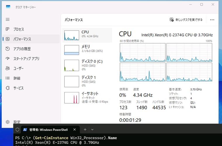画面1　タスクマネージャーの「パフォーマンス」タブの「CPU」に表示される各種情報をPowerShellで取得してみる