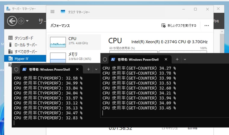 画面3　TYPEPERFコマンドとPowerShell（左のウィンドウ）とPowerShellのみ（右のウィンドウ）のコードによるCPU使用率の取得