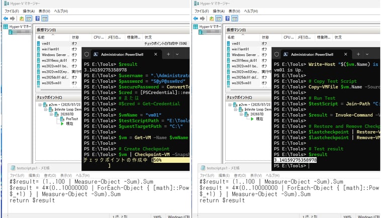 画面1 チェックポイントを作成し、テスト実施後、ロールバックするPowerShellスクリプトの実行例。この例では、テストスクリプトで円周率を計算(ライプニッツ級数)されている(画面のクリックで拡大)