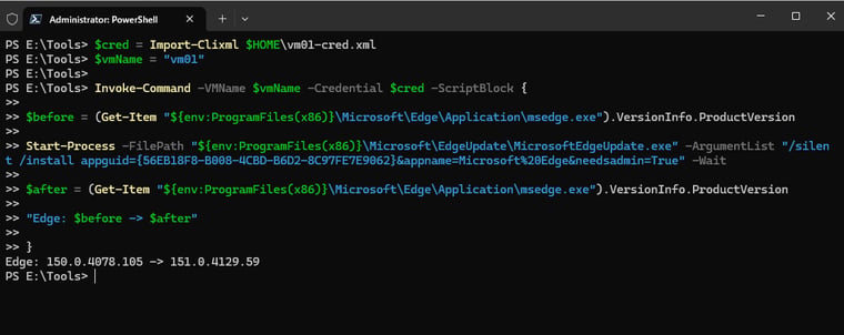 画面1 Hyper-VホストからVMのMicrosoft Edgeを更新するPowerShellスクリプトの実行例