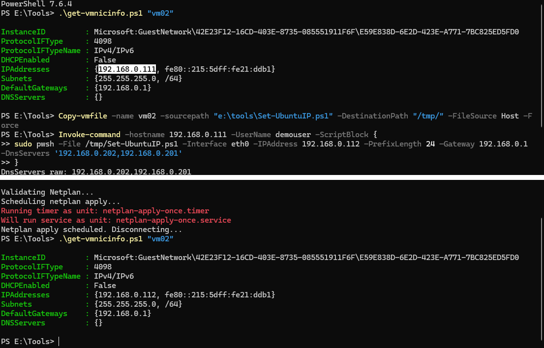 画面1 Copy-VMFileとSSH Remotingを使用した、PowerShellスクリプトによるLinux VM(Ubuntu)のネットワーク設定の変更