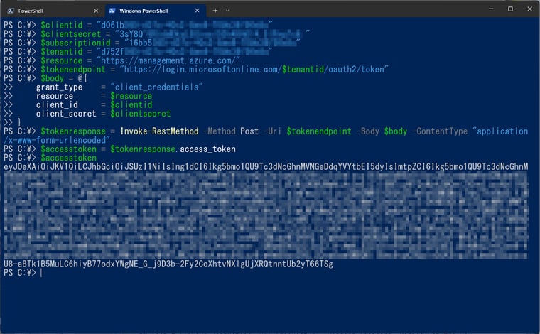 画面2　Invoke-RestMethodを使用してサービスプリンシパルのアクセストークンを取得する