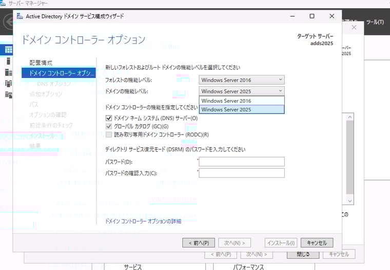 画面5　Windows Server 2025のサーバーを新規ドメインのドメインコントローラーとして昇格。新しいフォレスト/ドメインの機能レベル「Windows Server 2025」が追加されている
