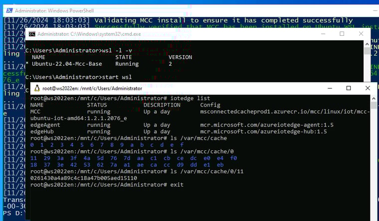 画面9　キャッシュはWSL 2上のLinux環境（Ubuntu-22.04-Mcc-Base）の「/var/mcc/cache」に格納され、サービスはMMCコンテナーとしてデプロイ、実行される（iotedge listコマンドで確認可能）
