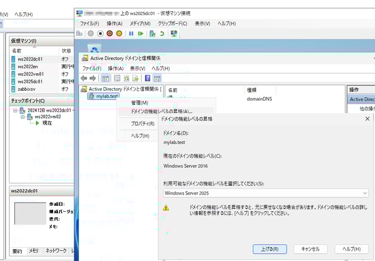 画面6　ドメインの機能レベルを最上位の「Windows Server 2025」に上げる