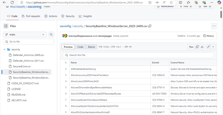 画面1　Windows Server 2025セキュリティベースラインの完全な一覧