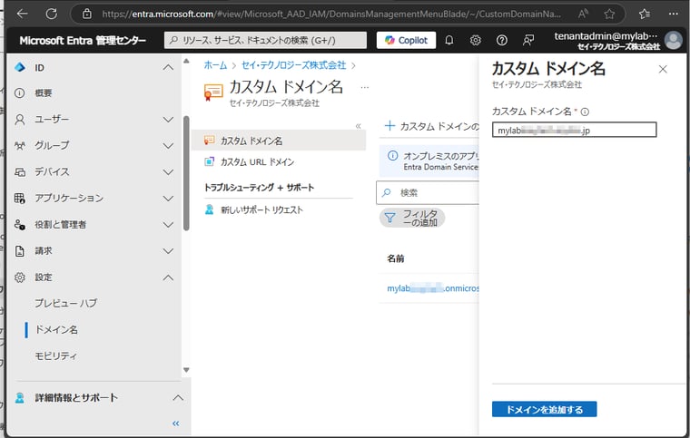 画面1　Entraテナントにカスタムドメイン名を追加する