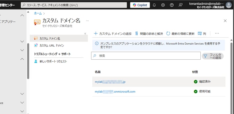 画面4　TXTレコードがEntra側のサービスによって確認されると、カスタムドメイン名の状態が「確認済み」になる