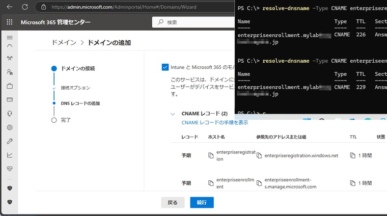 画面9　Entraハイブリッド参加サポートのために、カスタムドメインのゾーンに登録が必要な2つのCNAMEレコード