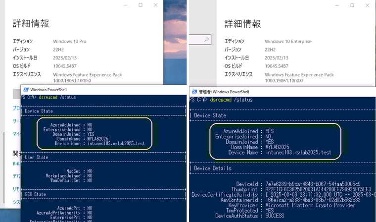 画面12　Entraハイブリッド参加有効化前（画面左）と有効化後（画面右）のエディションと参加状態の違い（dsregcmd /status）