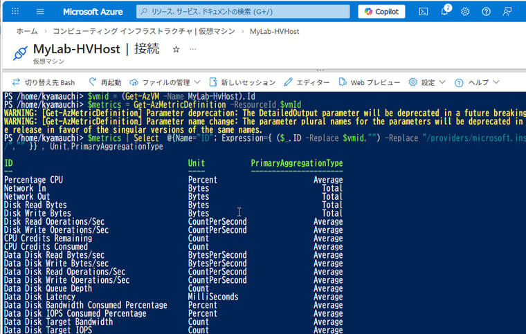 画面2　Get-AzMetricDefinitionコマンドレットを実行して、VMで利用可能なホストメトリックを確認する