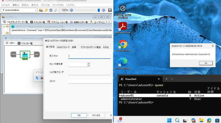 画面1 通常の単位ジョブによるメッセージの表示。Msg.exeコマンドがAdministrator、セッション0で実行されたことがわかる