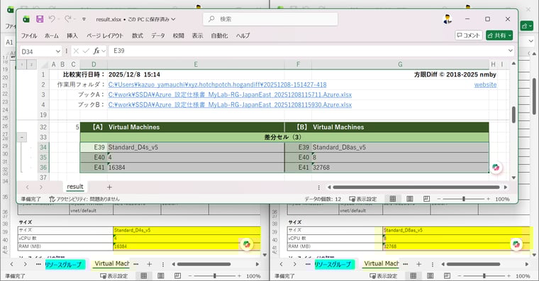 画面6 差分レポートと、差分が色分けされて強調表示された加工済みExcelファイル