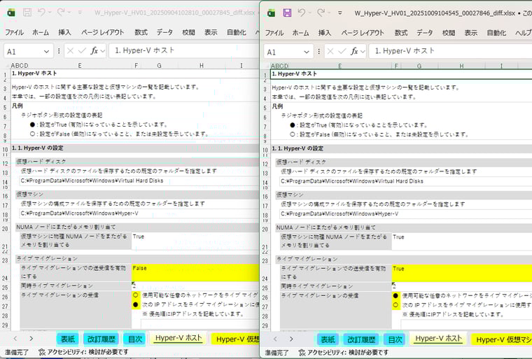 画面8 PowerShellスクリプト「exceldiff.ps1」によって作成された、差分を強調表示したExcelファイル